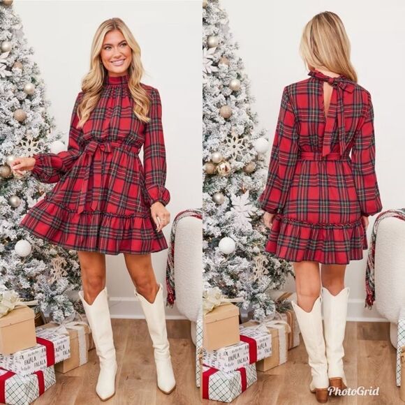 Cupshe Stand Collar Belted Ruffle Frill Plaid Gingham Check Dress Open Tie Back - Picture 1 of 11